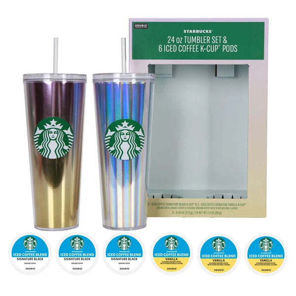 24 oz Starbucks Tumbler Set with Iced Coffee K-Cups, 2-count, Assorted Colors