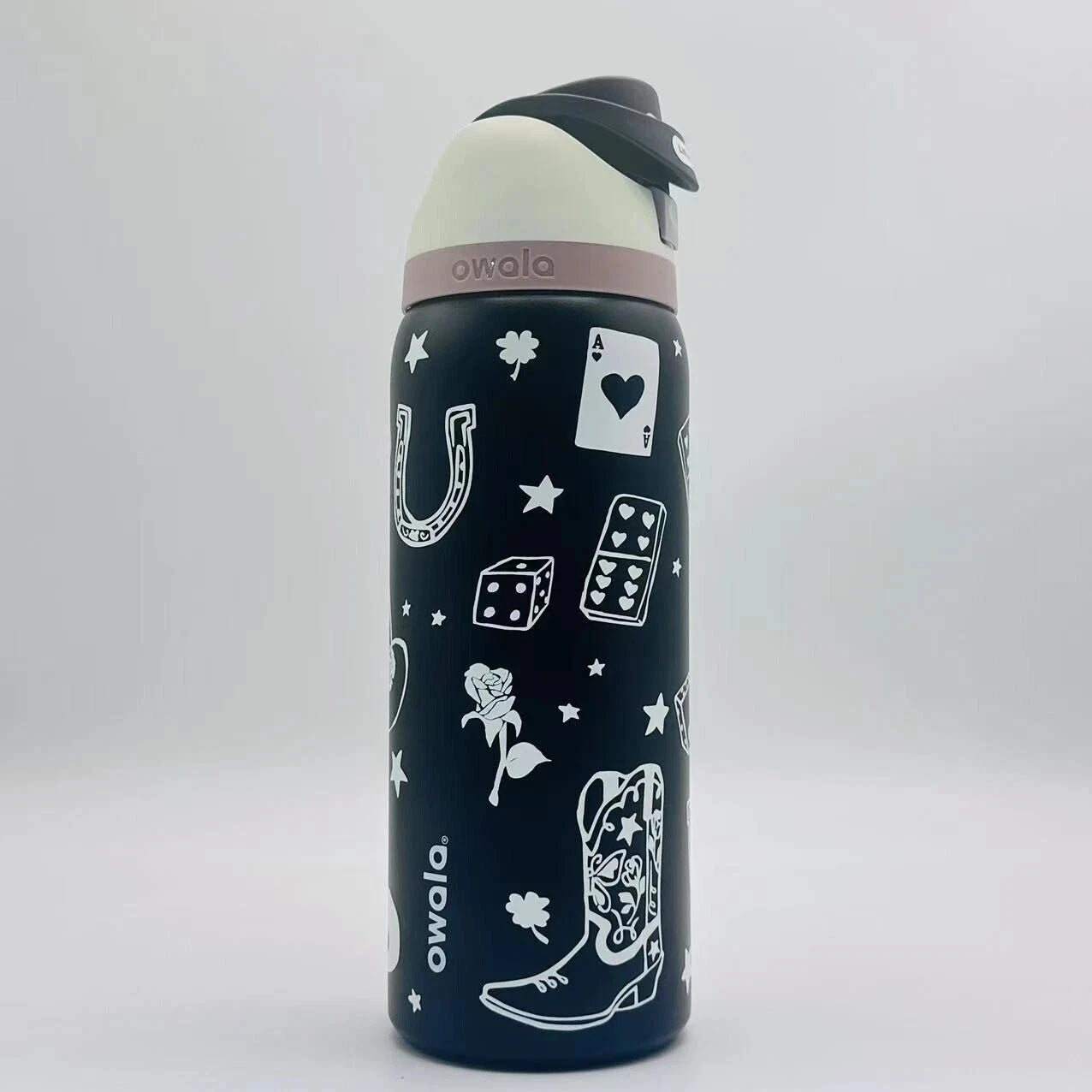 32 Oz Owala black poker Freesip Water Bottle Stainless steel Thermos GOOD LUCK