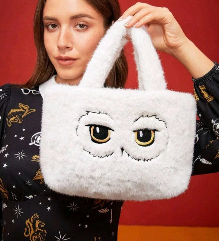 HARRY POTTER  Plush Embroidery Owl Design White Tote Bag For Women, Gifts