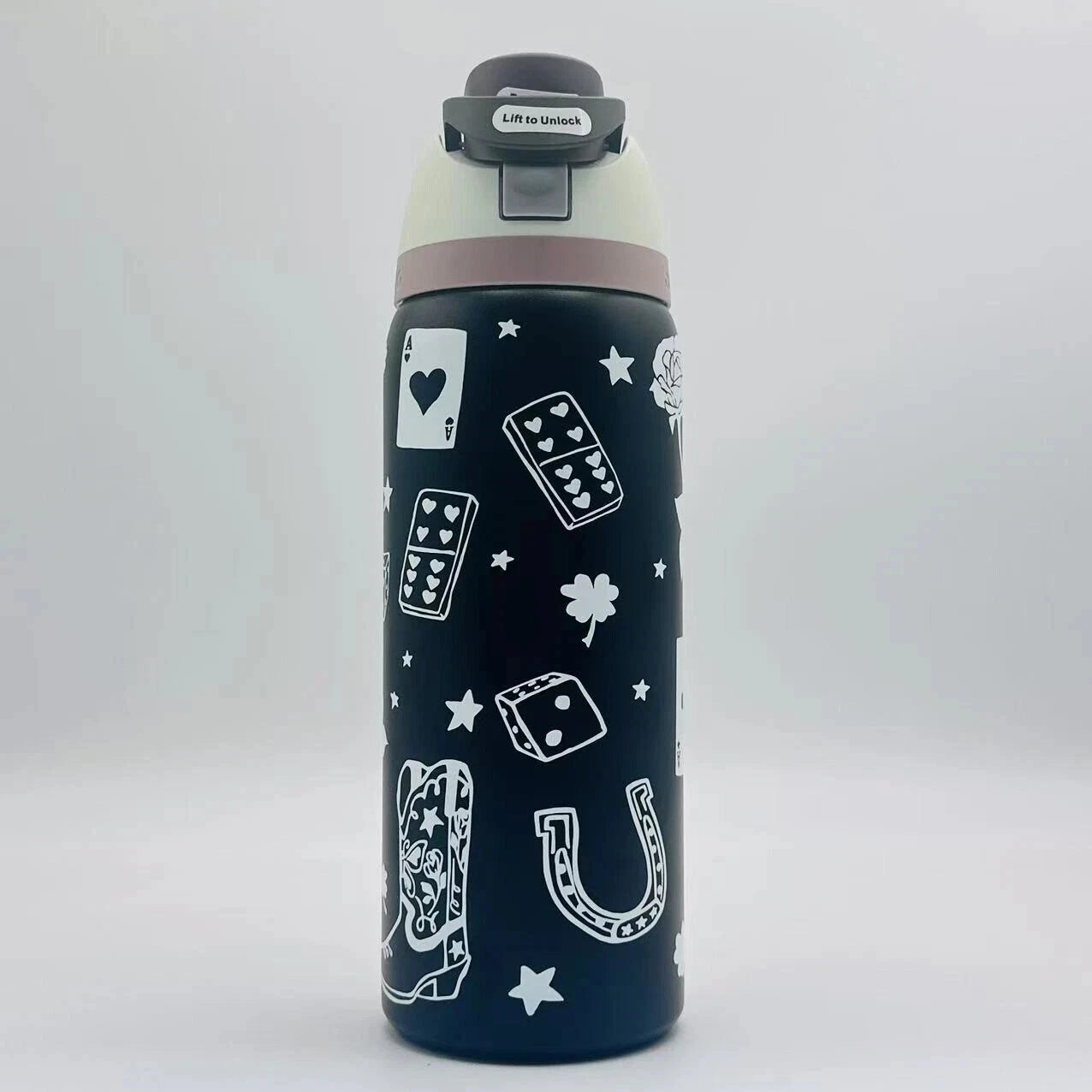 32 Oz Owala black poker Freesip Water Bottle Stainless steel Thermos GOOD LUCK